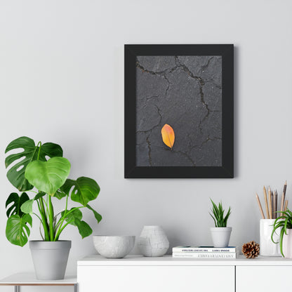 Orange Leaf on Black Concrete Framed Print – Minimalist Autumn Wall Art for Urban and Modern Rustic Decor