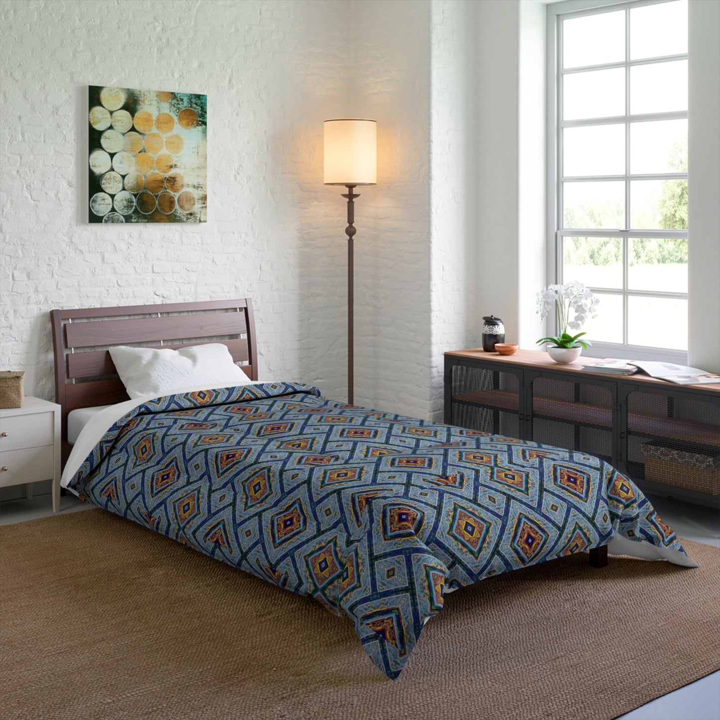 Blue Fusion Tiling Comforter – Blue Geometric Bedding, Modern Tile Pattern, Diamond Design Comforter for Bedroom