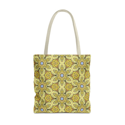 Retro Yellow Flowers Tote Bag – Geometric Floral Pattern Reusable Shopping Bag