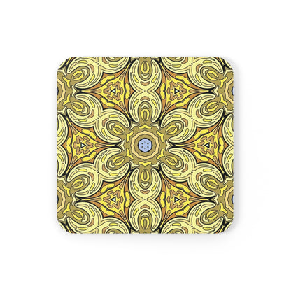 Retro Yellow Flowers Cork Coaster Set – Geometric Pattern Drink Coasters for Home Decor