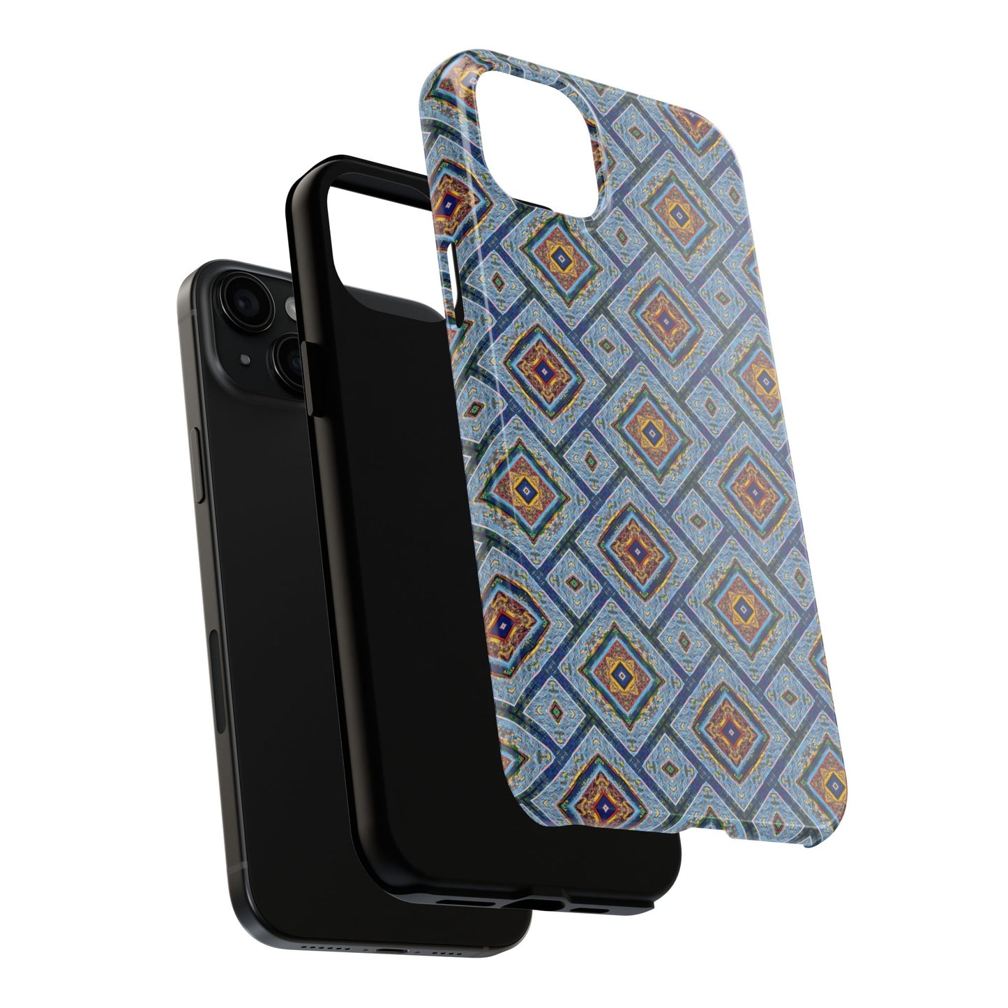 Blue Fusion Tiling Tough Case – Blue Geometric Phone Case, Modern Diamond Pattern Cover, Abstract Tile Design