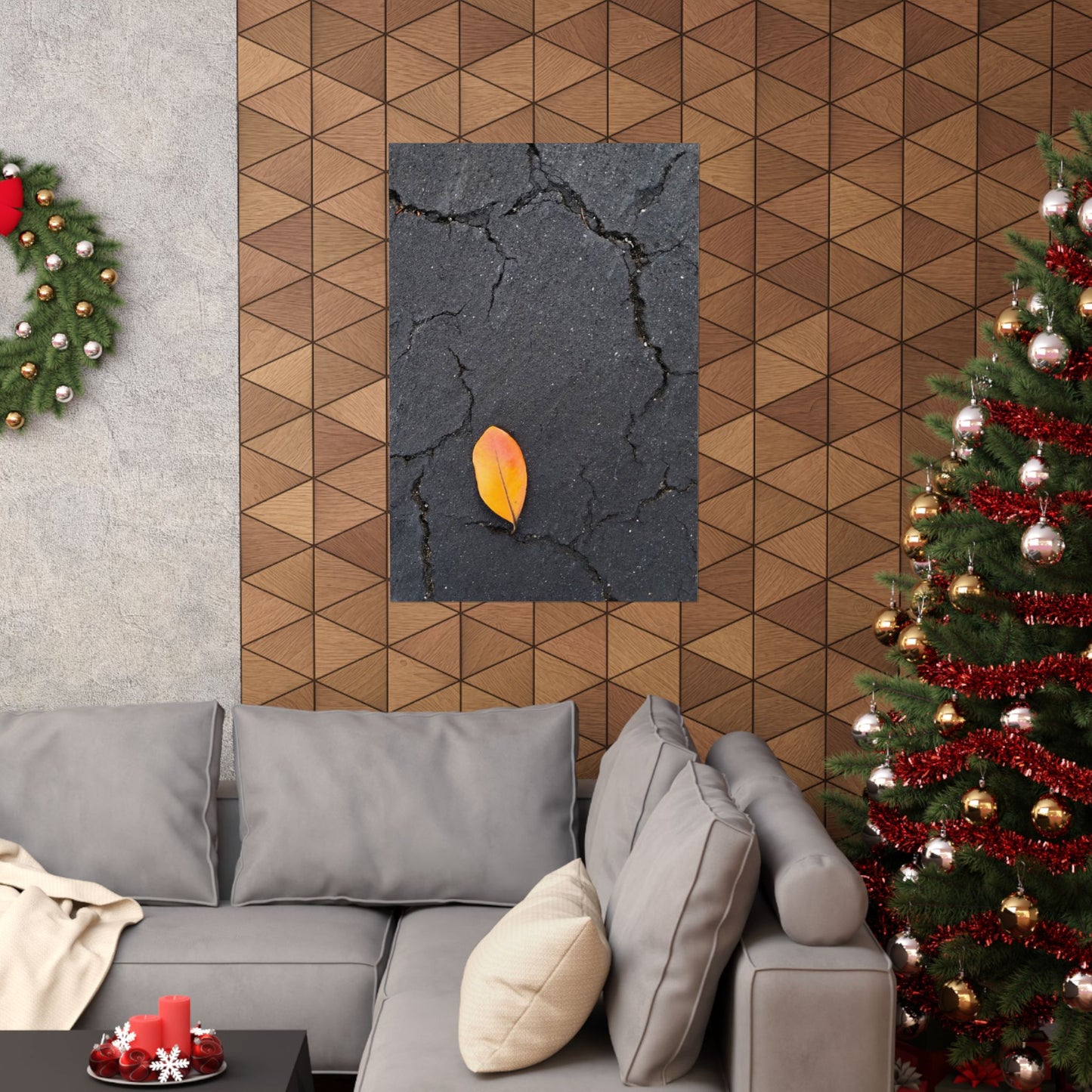 Orange Leaf Against Black Concrete Poster – Minimalist Nature Photography Wall Art