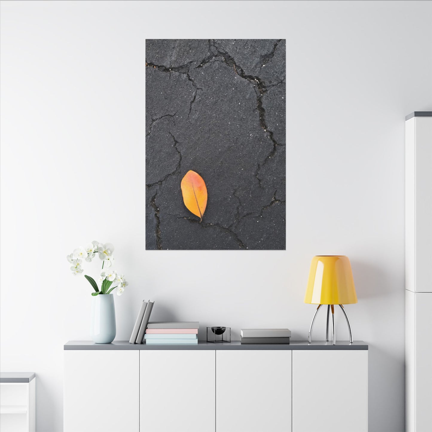Orange Leaf Against Black Concrete Minimalistic Canvas Print – Contemporary Nature Photography Wall Art