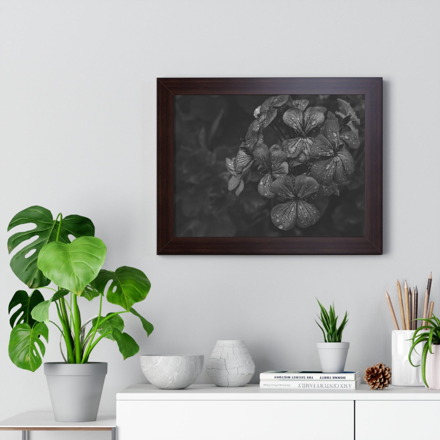 Geranium After a Light Rain Framed Print – Moody Botanical Floral Art, Monochrome Nature-Inspired Wall Decor