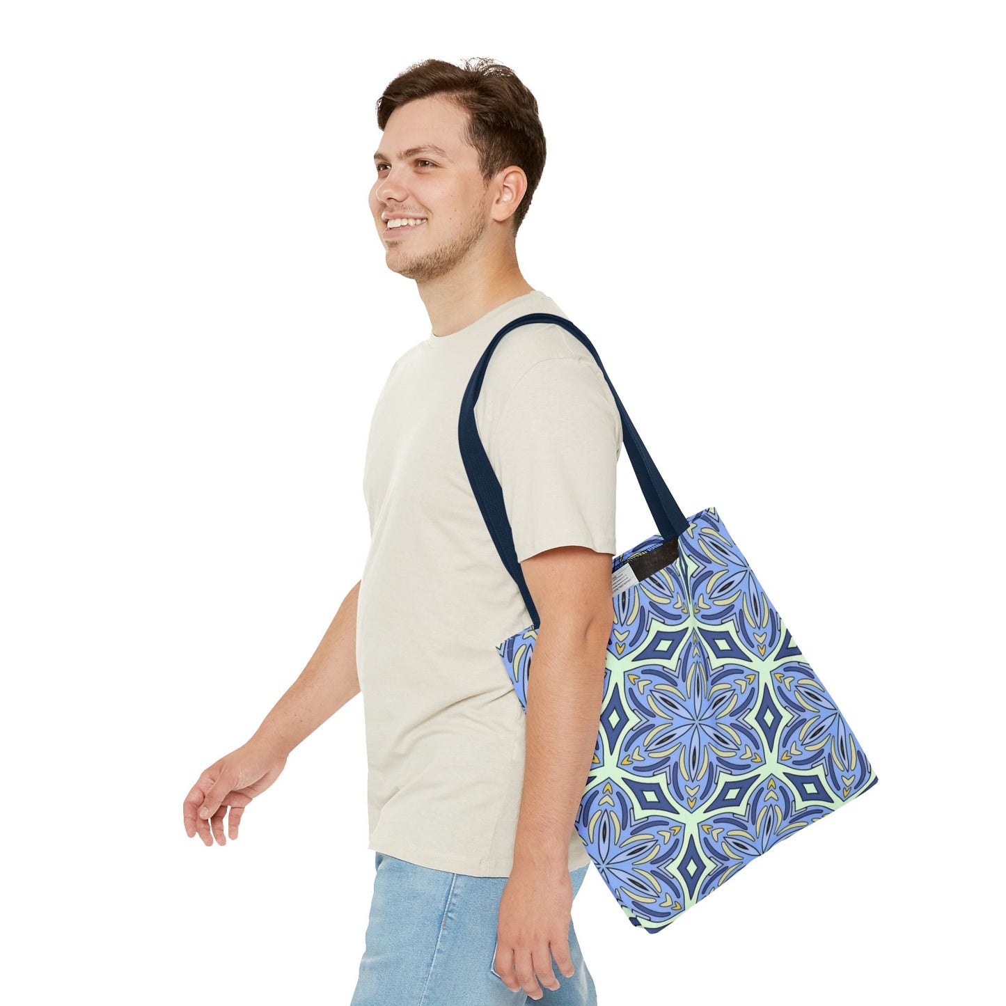 Pale Cornflower Blue and Yellow Tote Bag – Geometric Floral Pattern Reusable Shopping Bag for Everyday Use