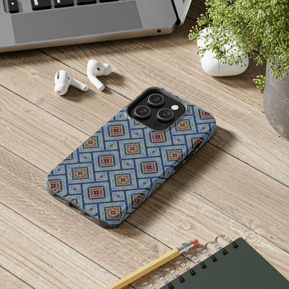 Blue Fusion Tiling Tough Case – Blue Geometric Phone Case, Modern Diamond Pattern Cover, Abstract Tile Design