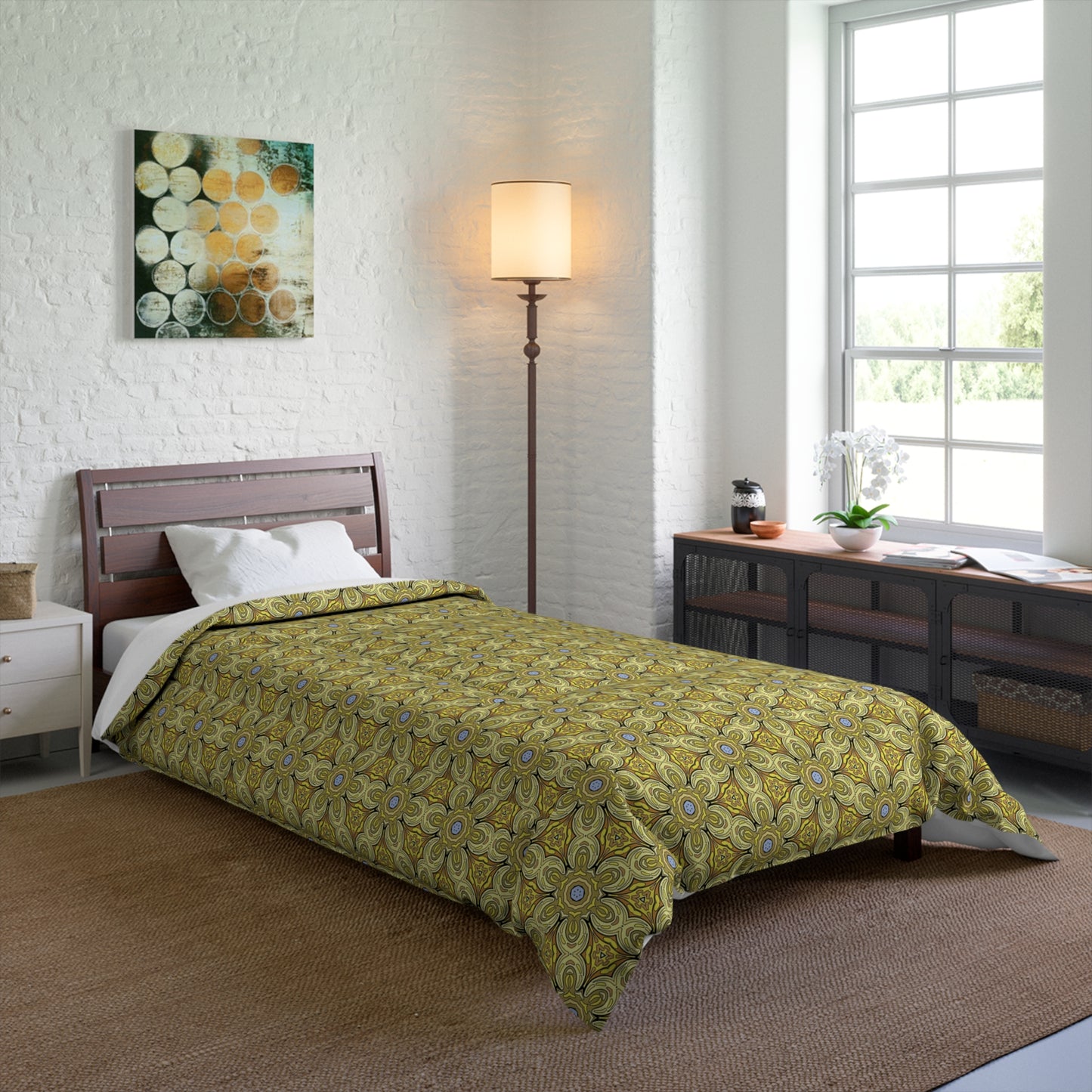 Retro Yellow Flowers Comforter – Geometric Floral Bedding for Modern & Boho Bedrooms