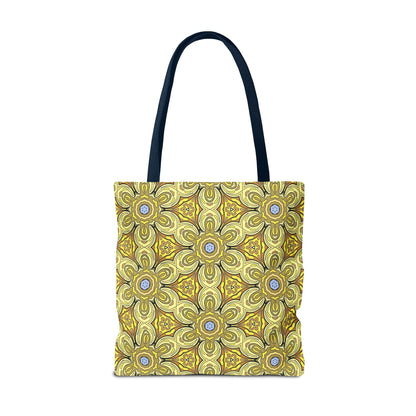 Retro Yellow Flowers Tote Bag – Geometric Floral Pattern Reusable Shopping Bag
