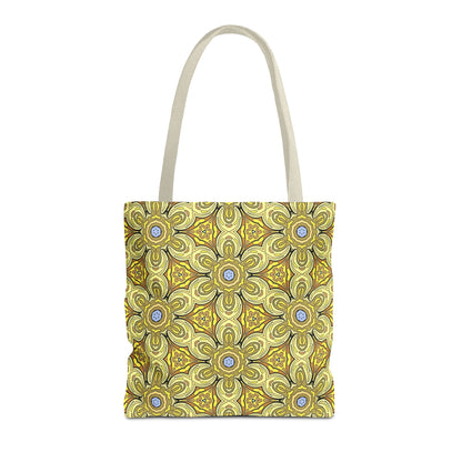 Retro Yellow Flowers Tote Bag – Geometric Floral Pattern Reusable Shopping Bag