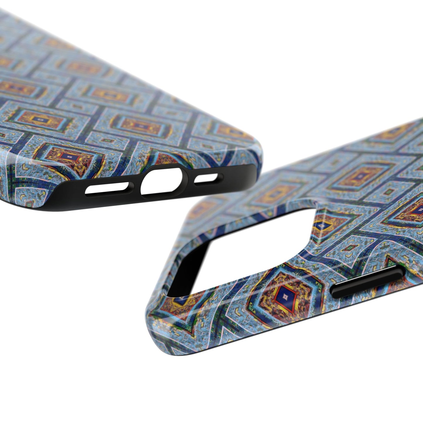 Blue Fusion Tiling Tough Case – Blue Geometric Phone Case, Modern Diamond Pattern Cover, Abstract Tile Design