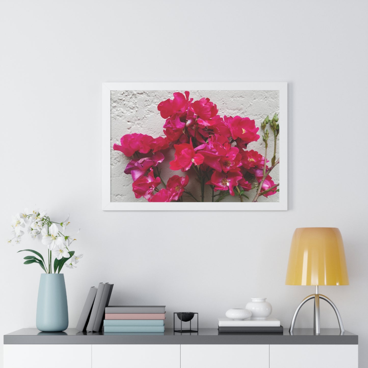 Bougainvillea Against White Stucco Wall Framed Print – Mediterranean Floral Wall Art, Summer Bloom Botanical Decor