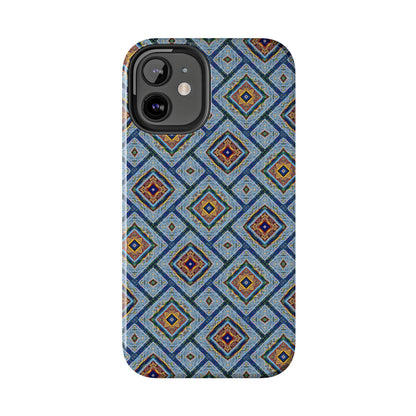 Blue Fusion Tiling Tough Case – Blue Geometric Phone Case, Modern Diamond Pattern Cover, Abstract Tile Design