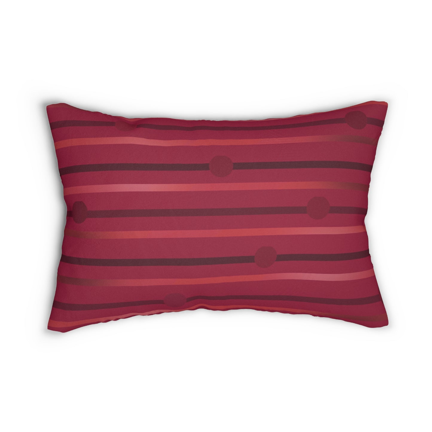 Red Striped Lumbar Pillow – Warm Burgundy and Dot Pattern Cushion for Modern or Retro Home Decor