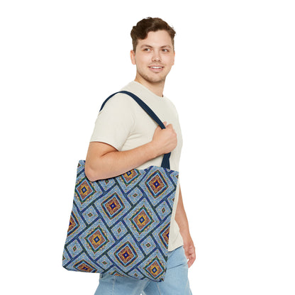Blue Fusion Tiling Tote Bag – Blue Geometric Canvas, Modern Tile Pattern, Diamond Design Everyday Bag