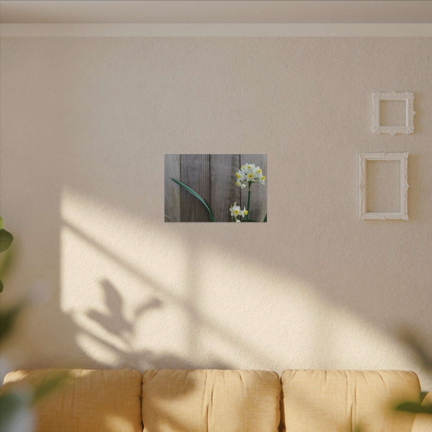 Daffodils by the Fence Canvas Print – Rustic Floral Photography Wall Art