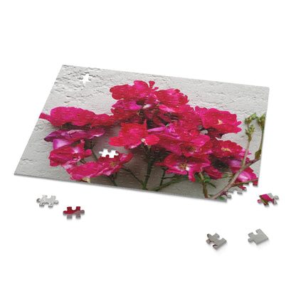 Bougainvillea Against White Stucco Wall Puzzle – Mediterranean Floral Jigsaw, Cottagecore Botanical Art Puzzle