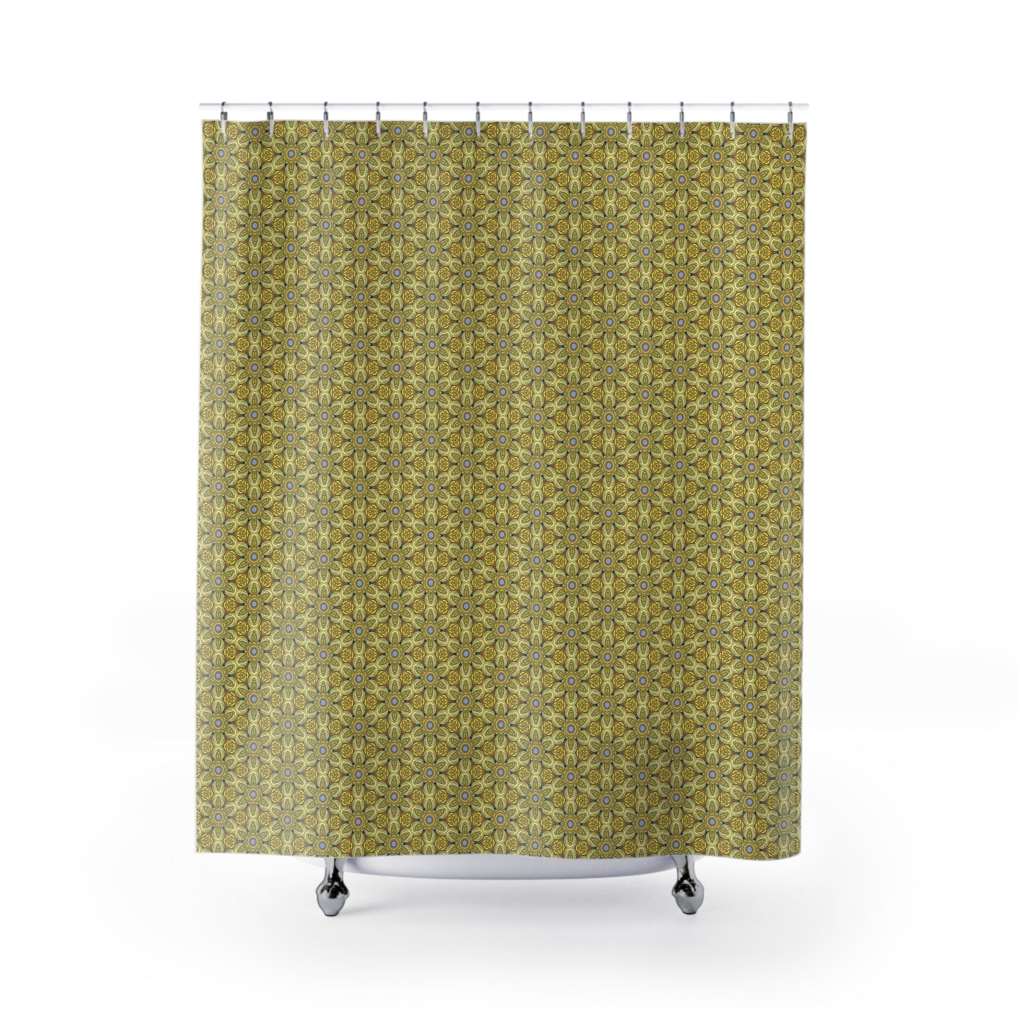 Retro Yellow Flowers Shower Curtain – Geometric Floral Bathroom Decor in Yellow and Green