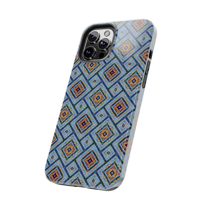 Blue Fusion Tiling Tough Case – Blue Geometric Phone Case, Modern Diamond Pattern Cover, Abstract Tile Design